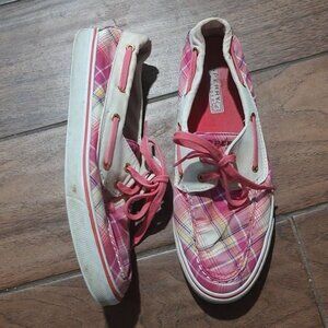 Sperry 9 pink plaid loafers slip on